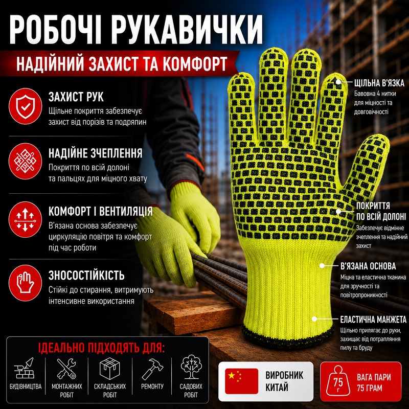 Робочі трикотажні рукавички з ПВХ Будівельник р.11