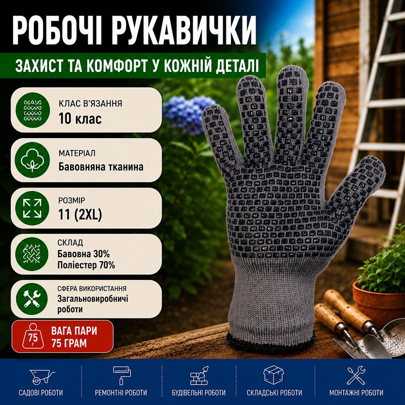Робочі трикотажні рукавички з ПВХ Будівельник р.11