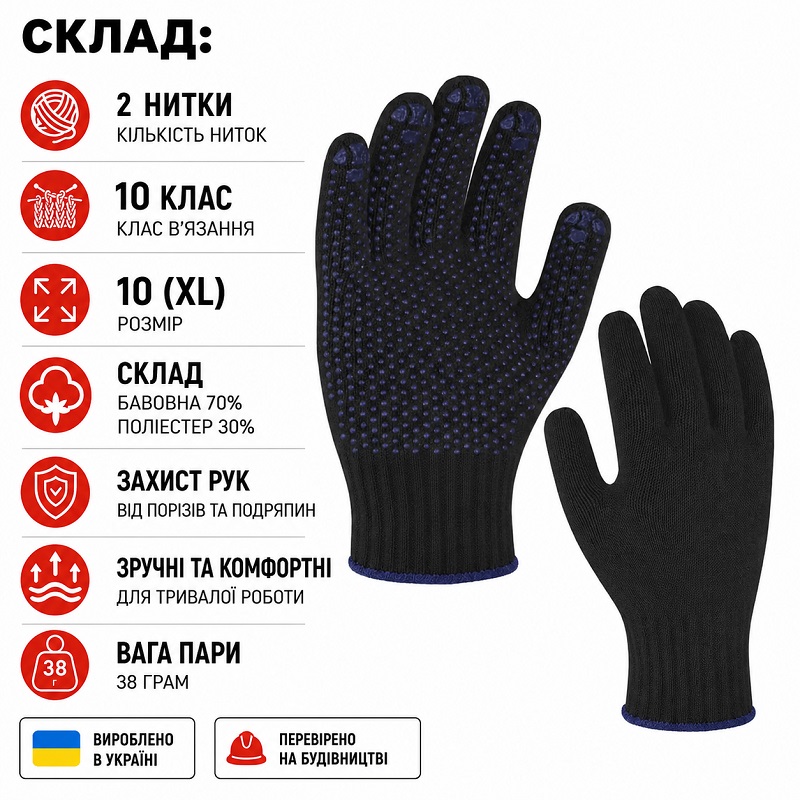 Робочі рукавички OSNOVA з крапкою ПВХ чорні