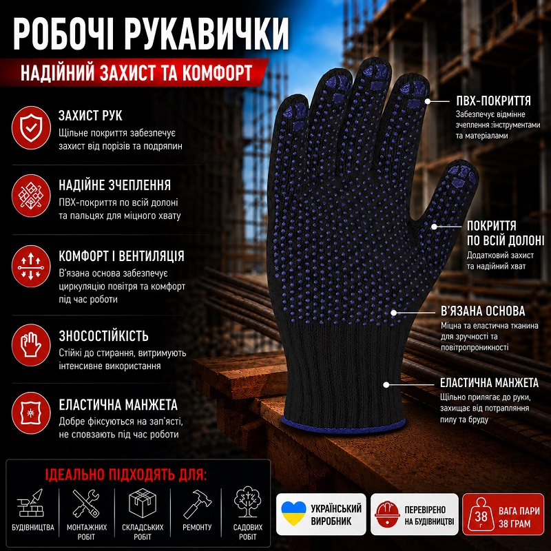 Робочі рукавички OSNOVA з крапкою ПВХ чорні