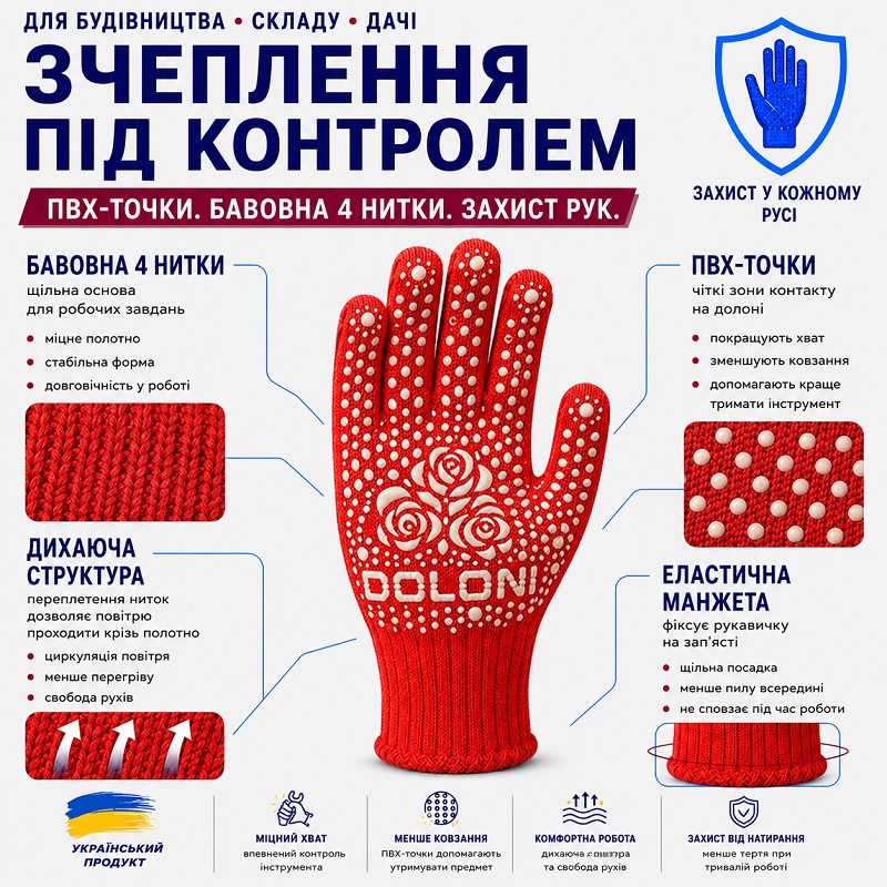 Робочі рукавички DOLONI 4130 червоні з точкою ПВХ Маки
