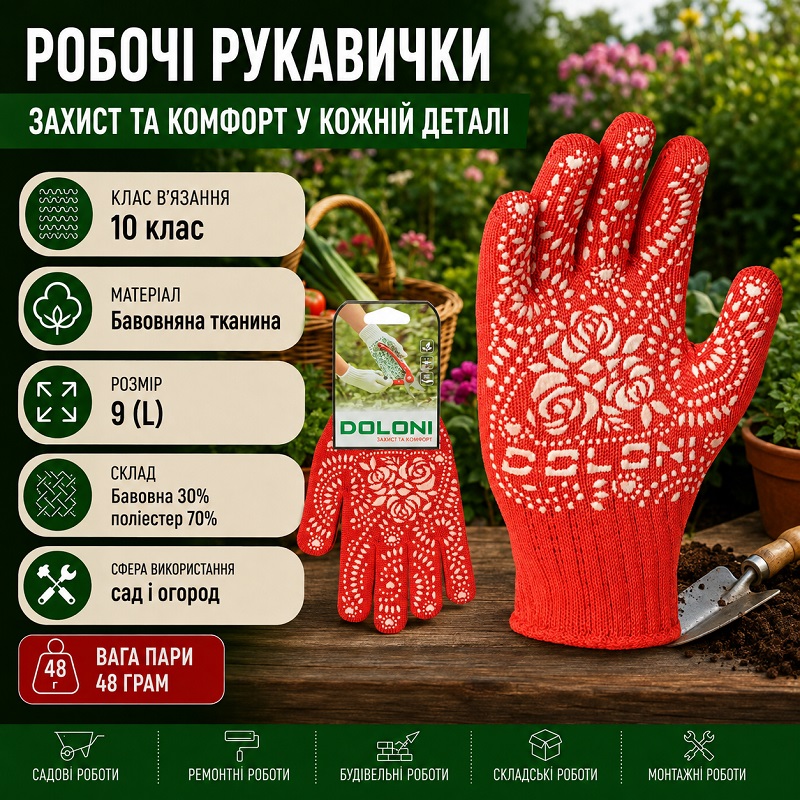 Робочі рукавички DOLONI 4130 червоні з точкою ПВХ Маки