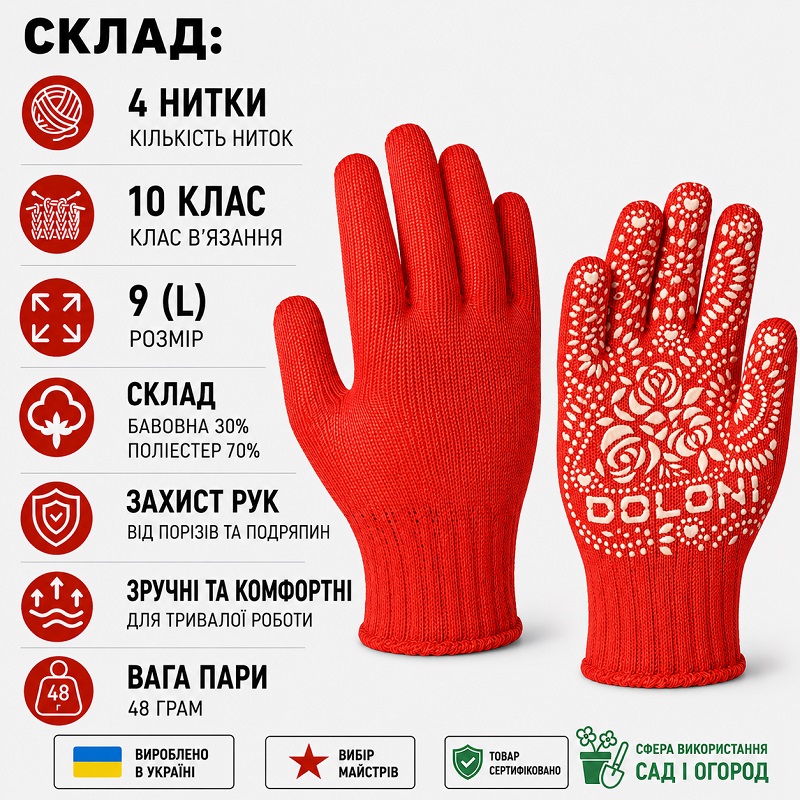 Робочі рукавички DOLONI 4130 червоні з точкою ПВХ Маки