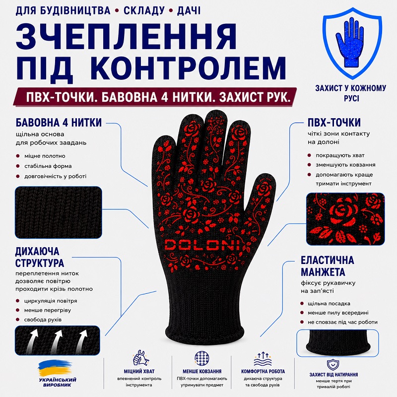 Робочі рукавички DOLONI 711 чорні ПВХ рубіновий візерунок