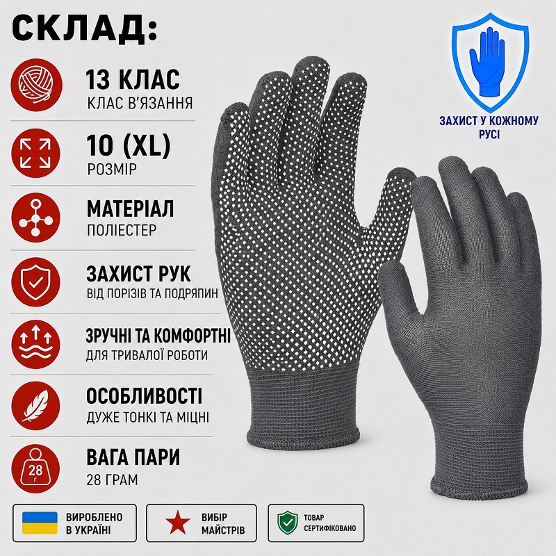 Рукавички робочі DOLONI 4413 сірі нейлонові