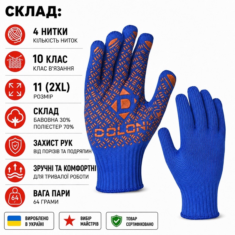 Робочі рукавички DOLONI 4450 трикотажні сині з пвх універсал PROFI 10 клас