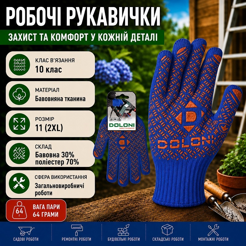 Робочі рукавички DOLONI 4450 трикотажні сині з пвх універсал PROFI 10 клас