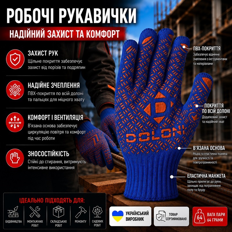 Робочі рукавички DOLONI 4450 трикотажні сині з пвх універсал PROFI 10 клас