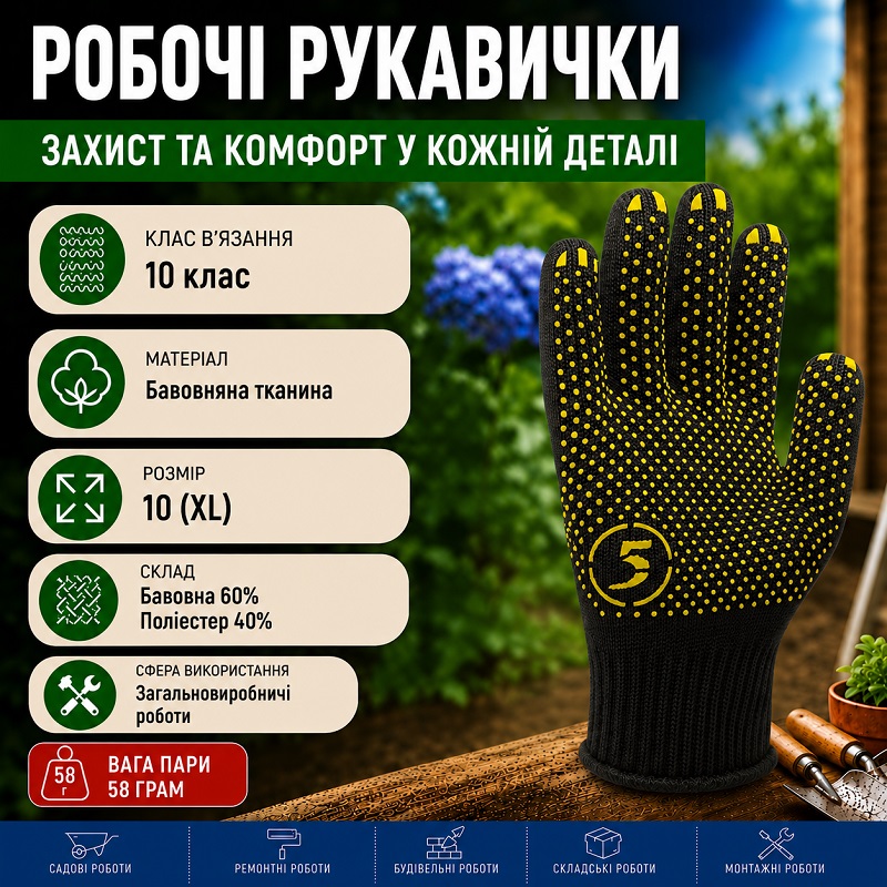 Робочі трикотажні рукавички 5 чорні з ПВХ точкою