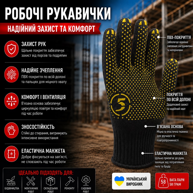 Робочі трикотажні рукавички 5 чорні з ПВХ точкою