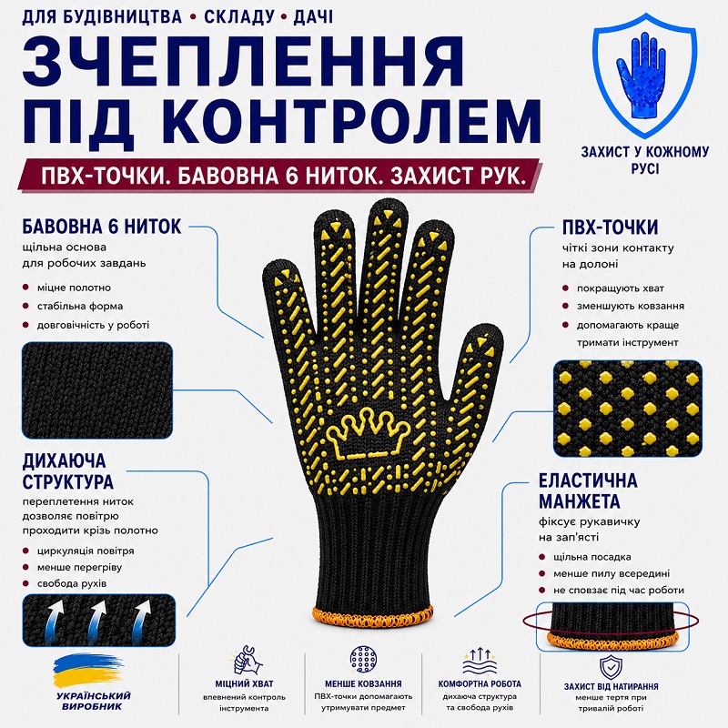 Робочі рукавички Корона чорна з малюнком ПВХ