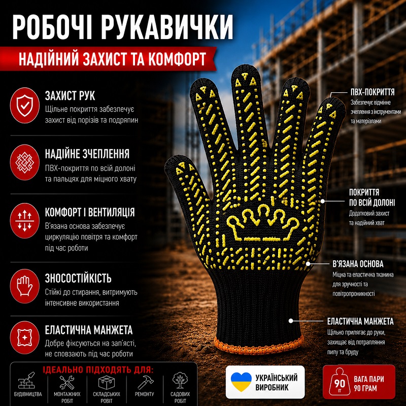 Робочі рукавички Корона чорна з малюнком ПВХ