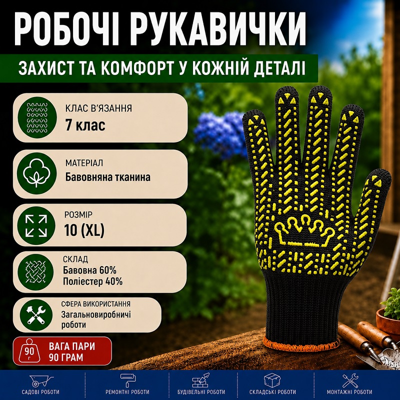 Робочі рукавички Корона чорна з малюнком ПВХ