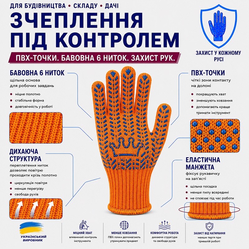 Робочі рукавички Корона оранжеві з малюнком ПВХ