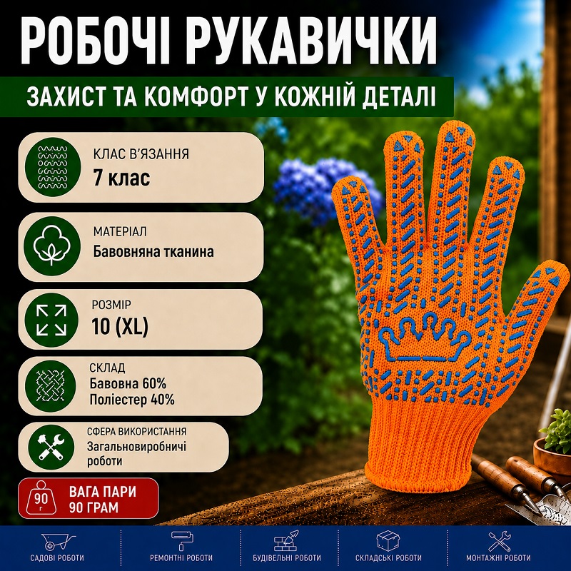 Робочі рукавички Корона оранжеві з малюнком ПВХ