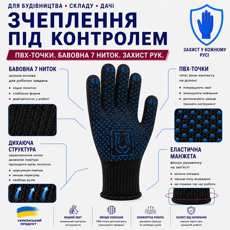Робочі трикотажні рукавички Підкова чорні з ПВХ крапкою