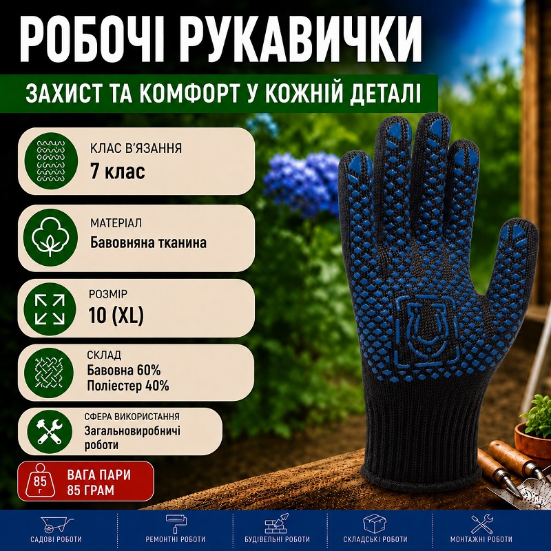 Робочі трикотажні рукавички Підкова чорні з ПВХ крапкою