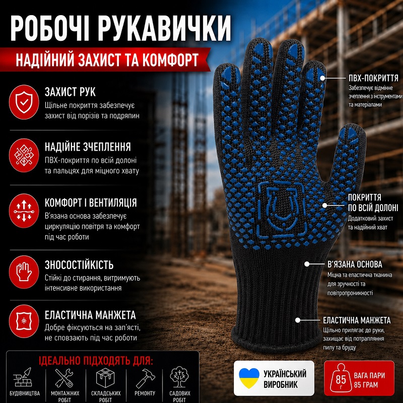 Робочі трикотажні рукавички Підкова чорні з ПВХ крапкою