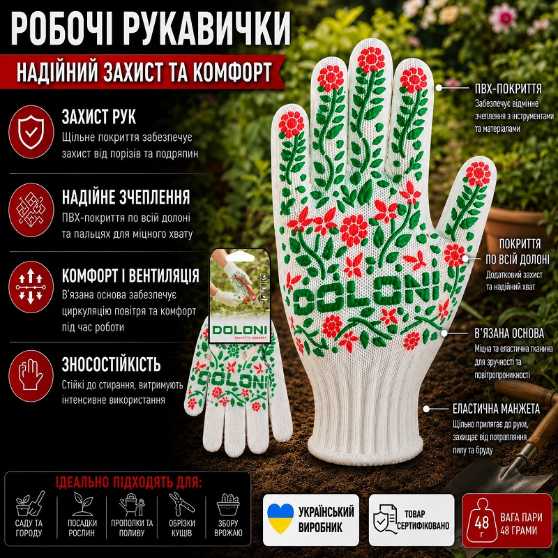 Робочі рукавички DOLONI 620 із точкою ПВХ зелений візерунок