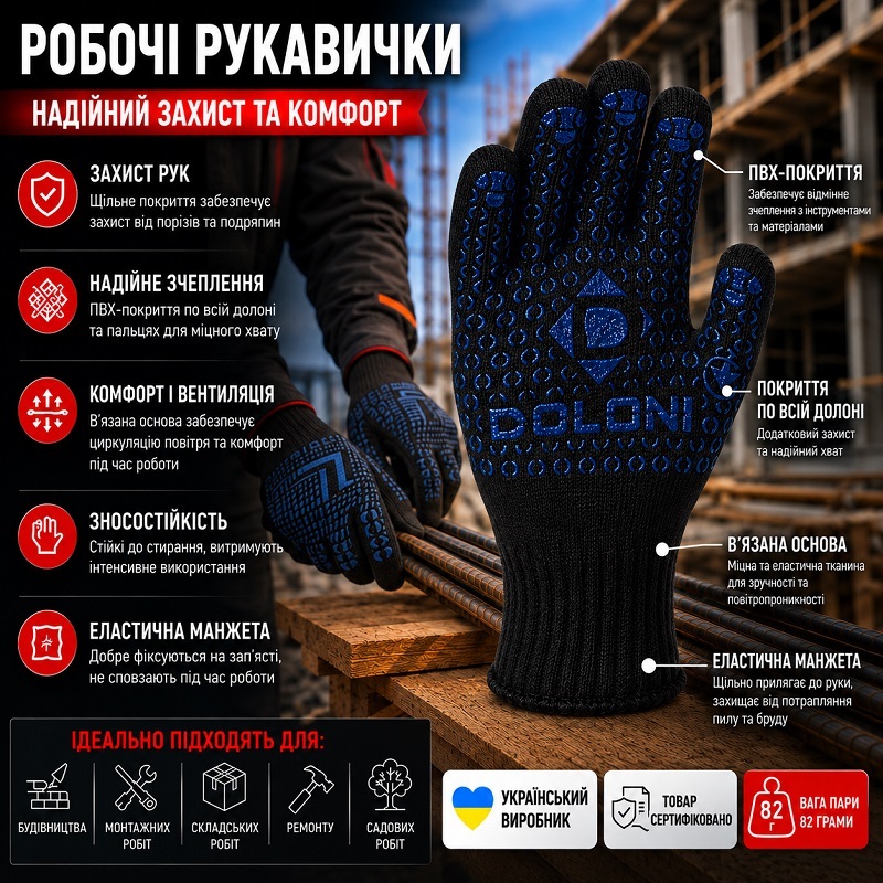 Робочі рукавички DOLONI 648 з точкою ПВХ чорні подвійні
