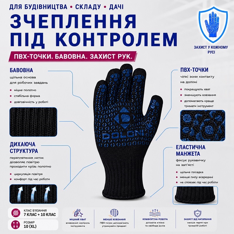 Робочі рукавички DOLONI 648 з точкою ПВХ чорні подвійні