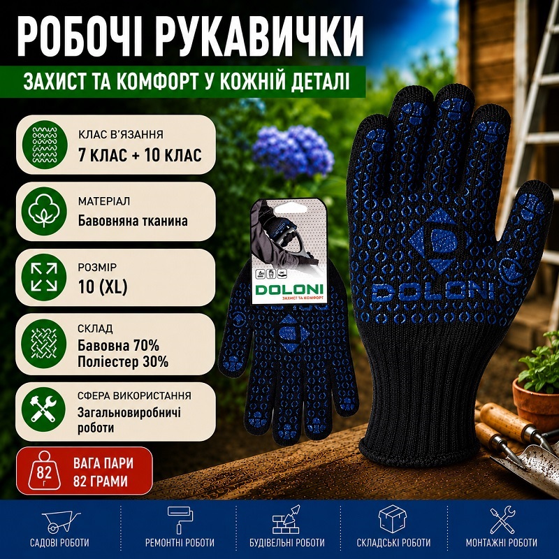 Робочі рукавички DOLONI 648 з точкою ПВХ чорні подвійні