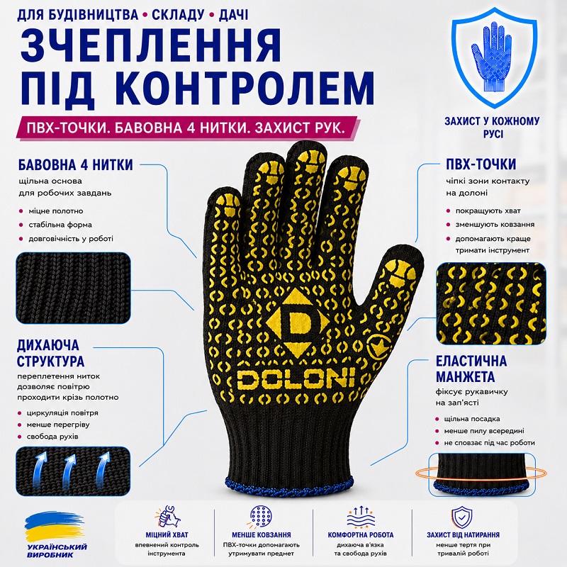 Робочі рукавички DOLONI 667 з точкою ПВХ чорні