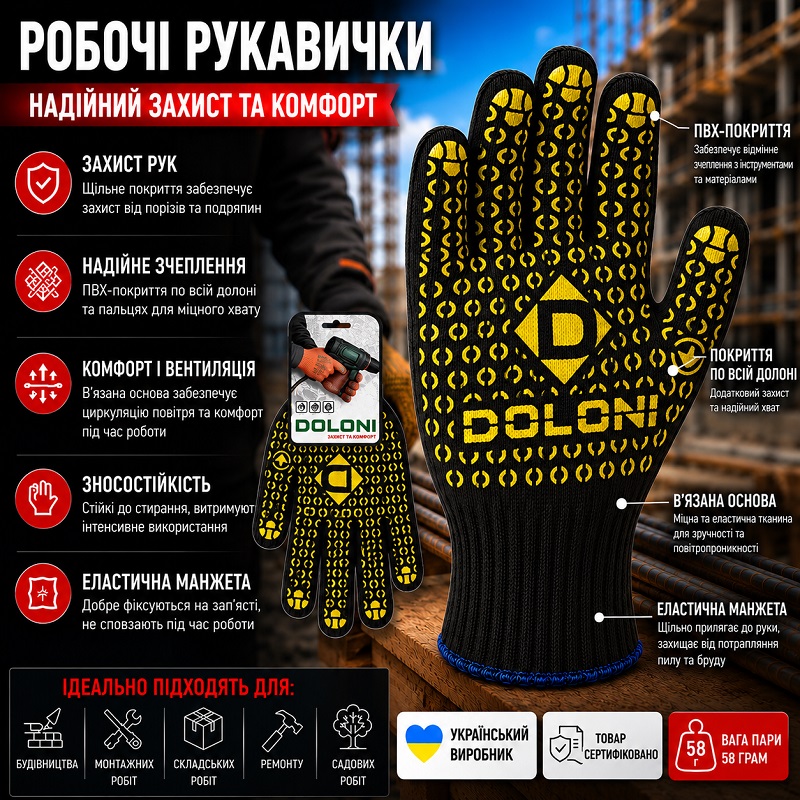 Робочі рукавички DOLONI 667 з точкою ПВХ чорні