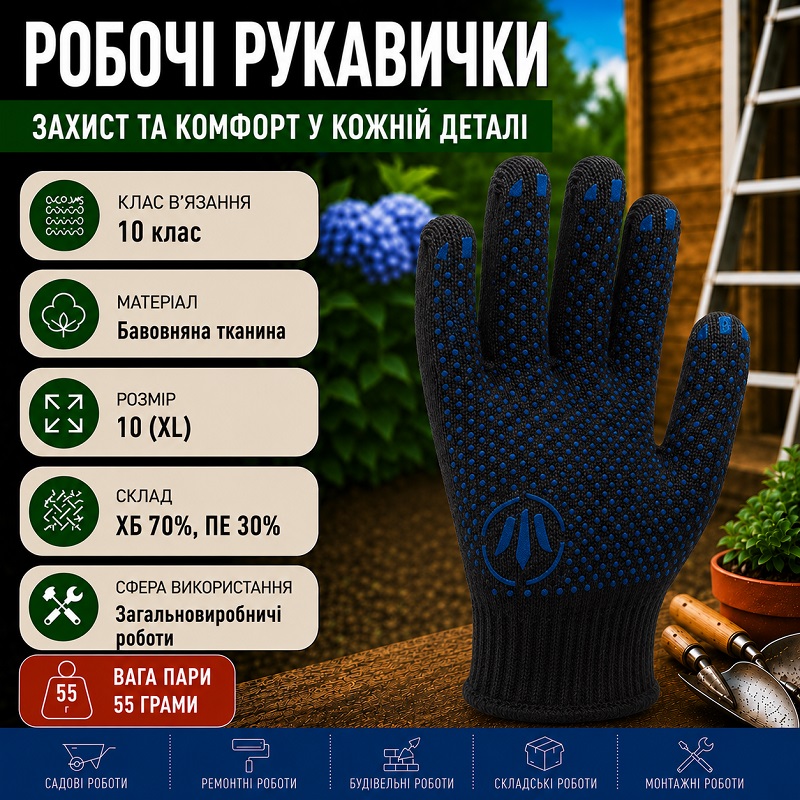 Робочі трикотажні рукавички TOP чорні з ПВХ крапкою