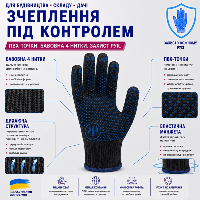Робочі трикотажні рукавички TOP чорні з ПВХ крапкою