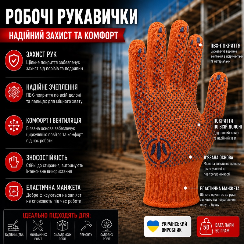 Робочі трикотажні рукавички TOP помаранчеві з ПВХ крапкою