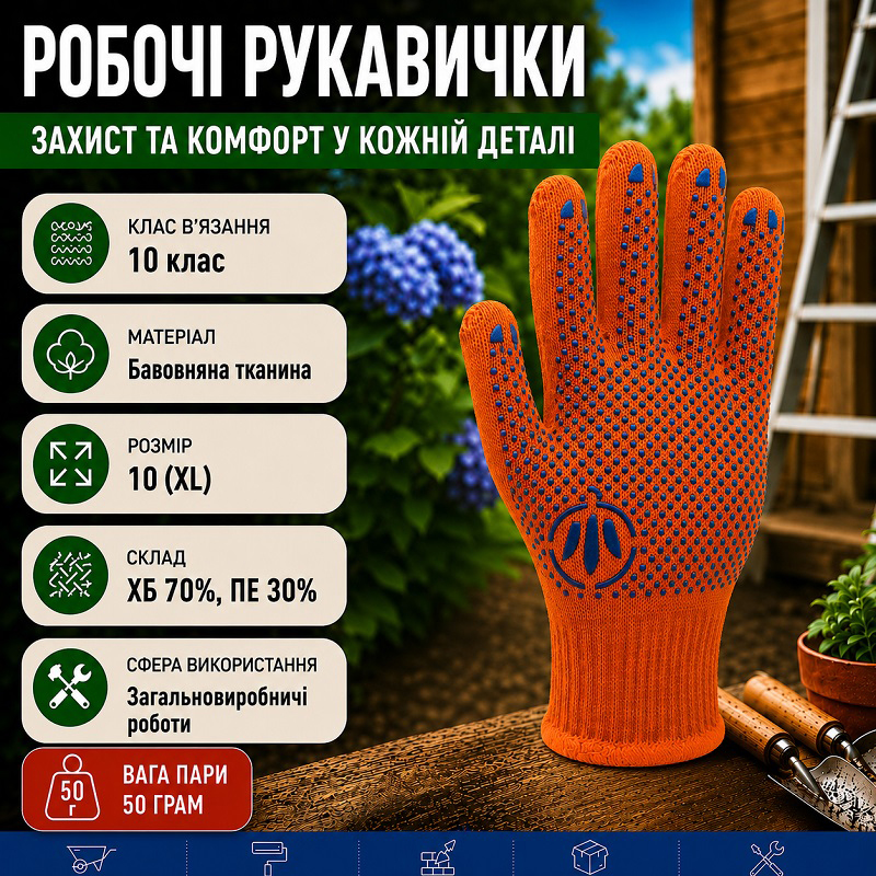 Робочі трикотажні рукавички TOP помаранчеві з ПВХ крапкою