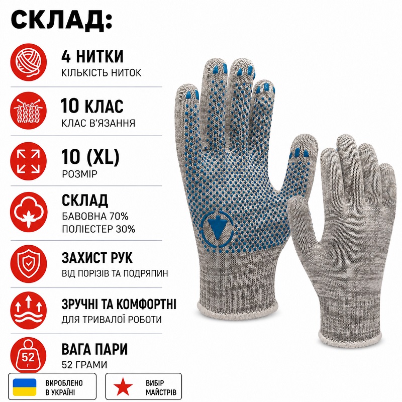 Робочі трикотажні рукавички TOP сірі із ПВХ крапкою