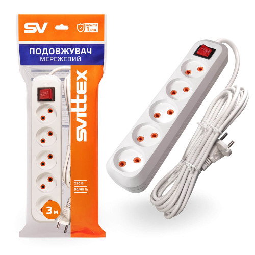 Удлинитель SVITTEX с пятиместной розеткой и выключателем 3 м SV-015-3