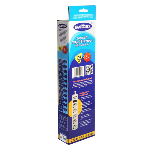 Мережевий фільтр-подовжувач SVITTEX 3.0м 10А 220В. - 2*USB 5V 2.1A. SV-024