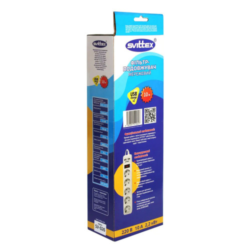 Сетевой фильтр-удлинитель SVITTEX 10.0м 10А 220В.- 2*USB 5V 2.1A. SV-026