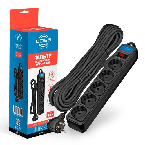 Удлинитель LOGA с сетевым фильтром 10,0 м L-905-B черный