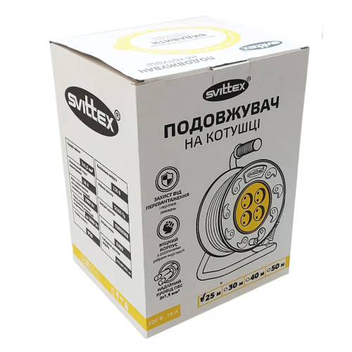 Подовжувач на котушці SVITTEX з термозахистом та захистом IP44 30 м 1,5 мм²