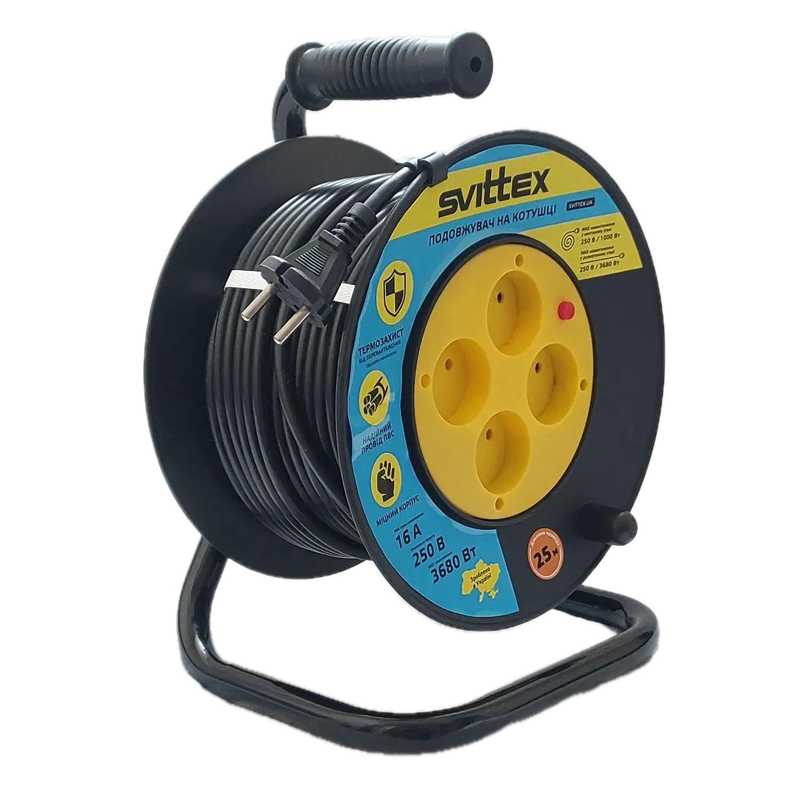 Подовжувач на котушці SVITTEX SV-004-B 25 м 2x1.5 мм² з термозахистом