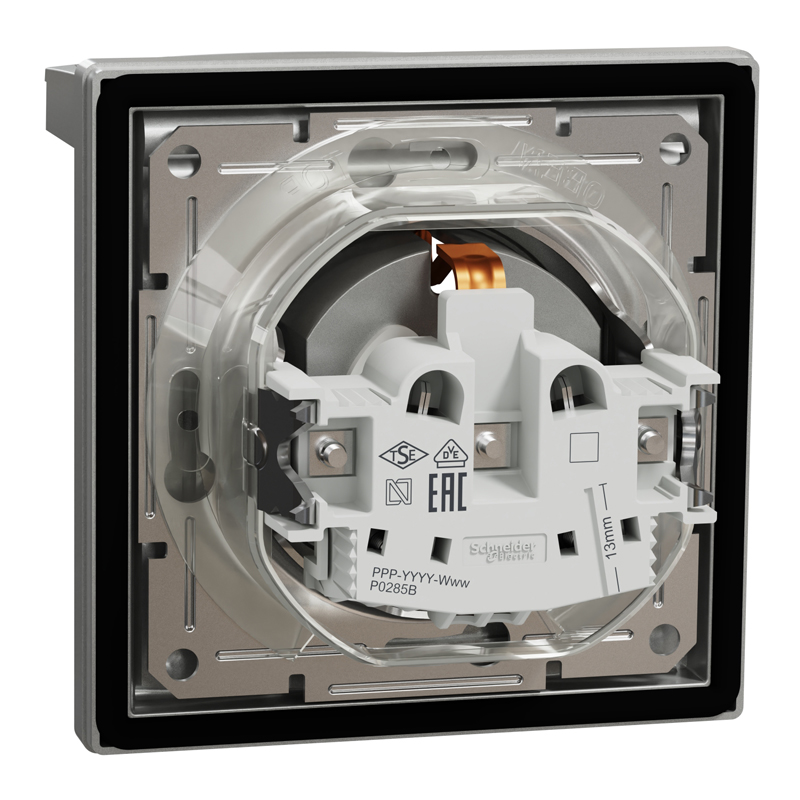 Розетка IP44 із заземленням, кришкою, захисними шторками та рамкою Schneider Electric Asfora, алюміній