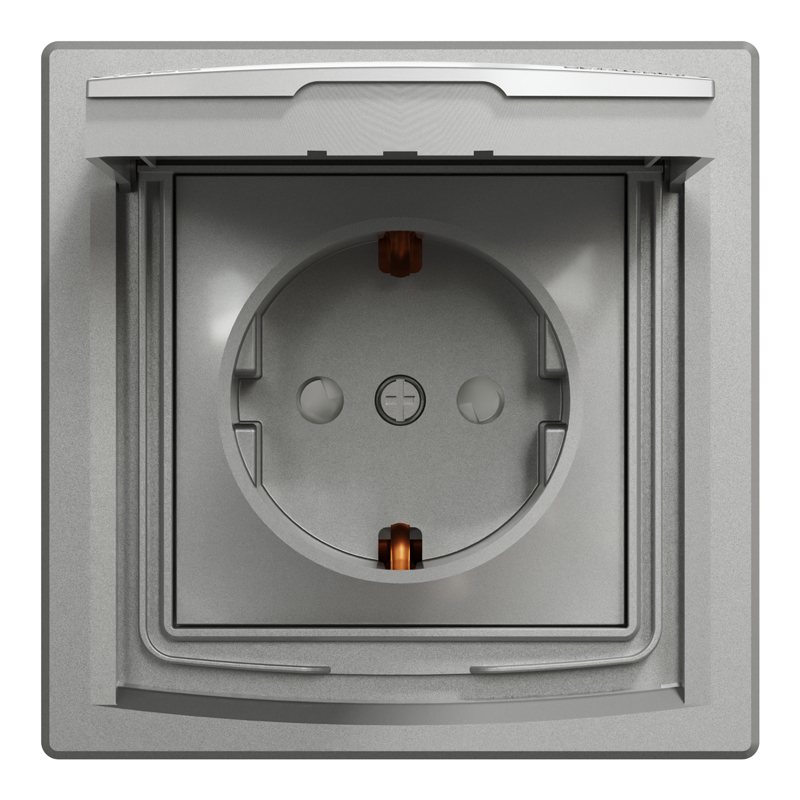 Розетка IP44 із заземленням, кришкою, захисними шторками та рамкою Schneider Electric Asfora, алюміній