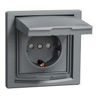 Розетка IP44 із заземленням, кришкою, захисними шторками та рамкою Schneider Electric Asfora, сталь