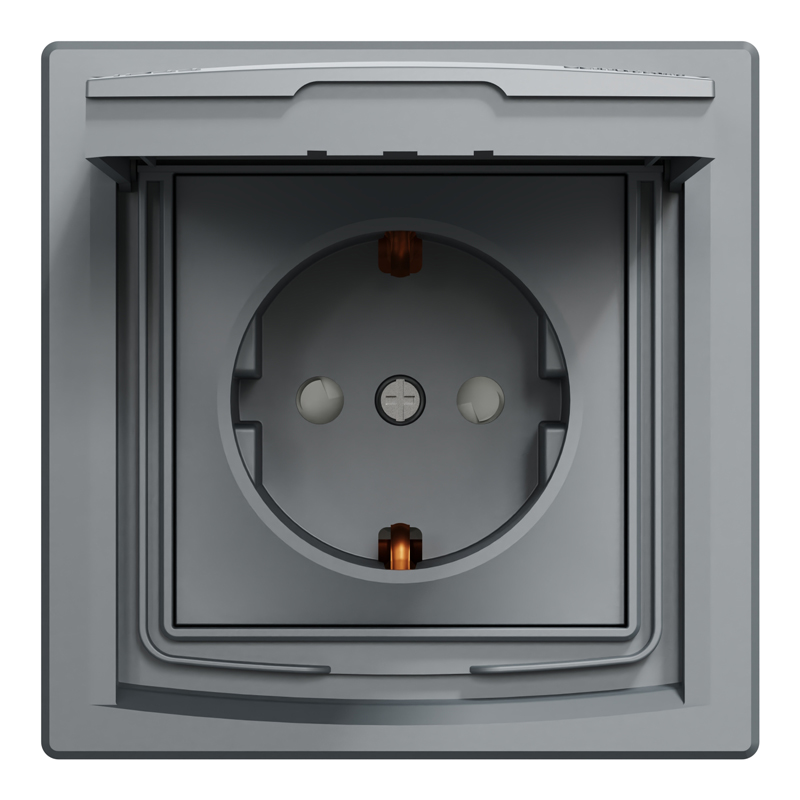 Розетка IP44 із заземленням, кришкою, захисними шторками та рамкою Schneider Electric Asfora, сталь