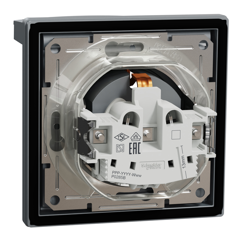 Розетка IP44 із заземленням, кришкою, захисними шторками та рамкою Schneider Electric Asfora, сталь