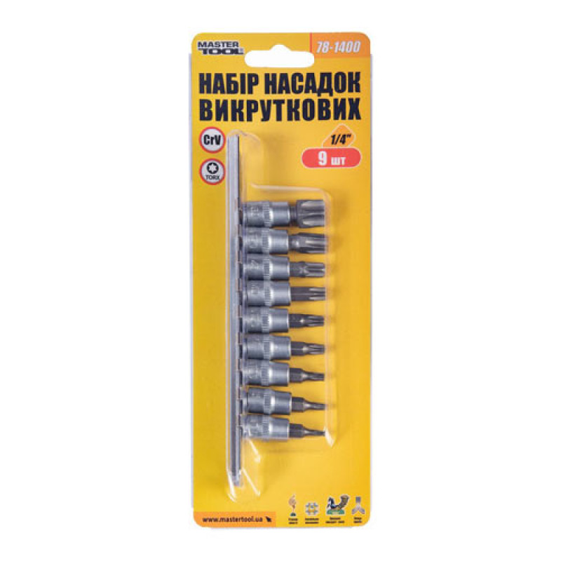 Набір торцевих головок 9 шт E-TORX 1/4" з насадками для викрутки CrV MASTERTOOL – 78-1400