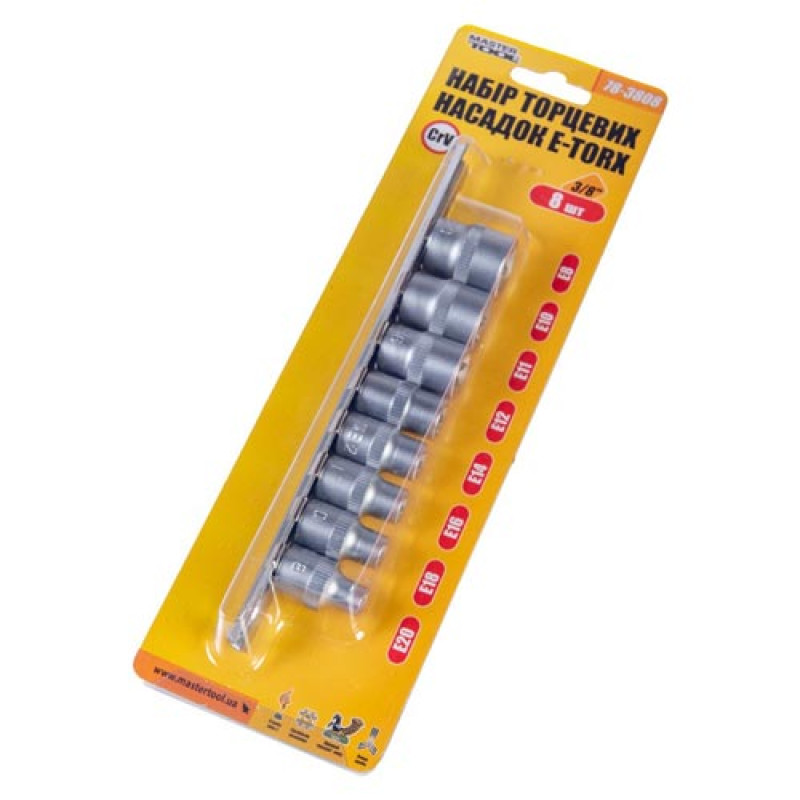 Набір торцевих головок 8шт E-TORX 3/8" E8-E20 CrV MASTERTOOL – 78-3808