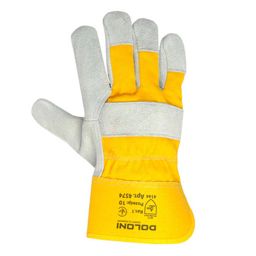 Робочі рукавички DOLONI 4574 комбіновані трикотажні спилок + жовта тканина манжет крага, розмір 10