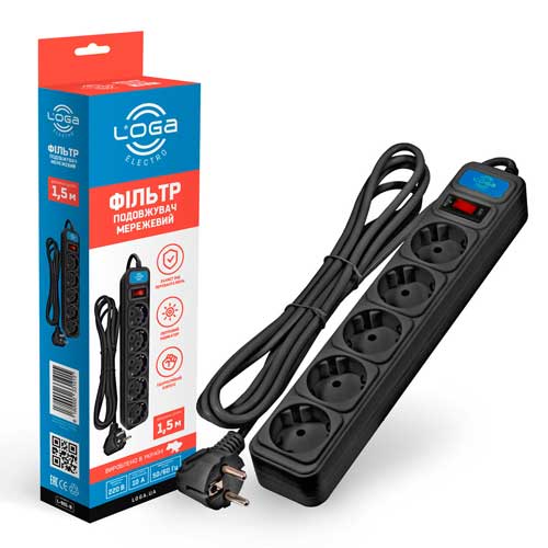 Подовжувач LOGA із мережевим фільтром 1,5 м L-901-B Подовжувач LOGA із мережевим фільтром 1,5 м L-901-B