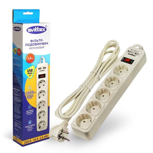 Мережевий фільтр-подовжувач SVITTEX 1.8м 10А 220В. - 2*USB 5V 2.1A. SV-023