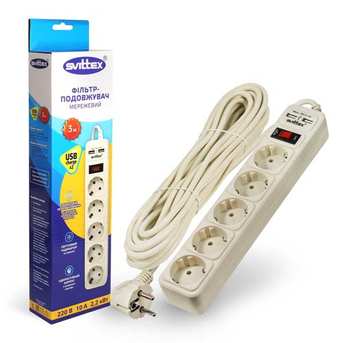 Сетевой фильтр-удлинитель SVITTEX 3.0м 10А 220В.- 2*USB 5V 2.1A. SV-024 Сетевой фильтр-удлинитель SVITTEX 3.0м 10А 220В.- 2*USB 5V 2.1A. SV-024